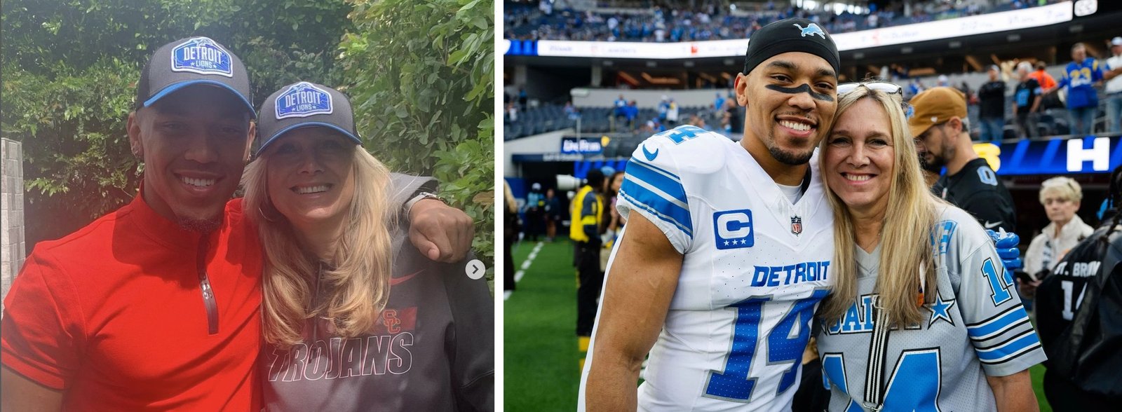 Miriam Steyer with her son Amon-Ra St. Brown wearing Detroit Lions caps, and the pair together on the field after a Lions game