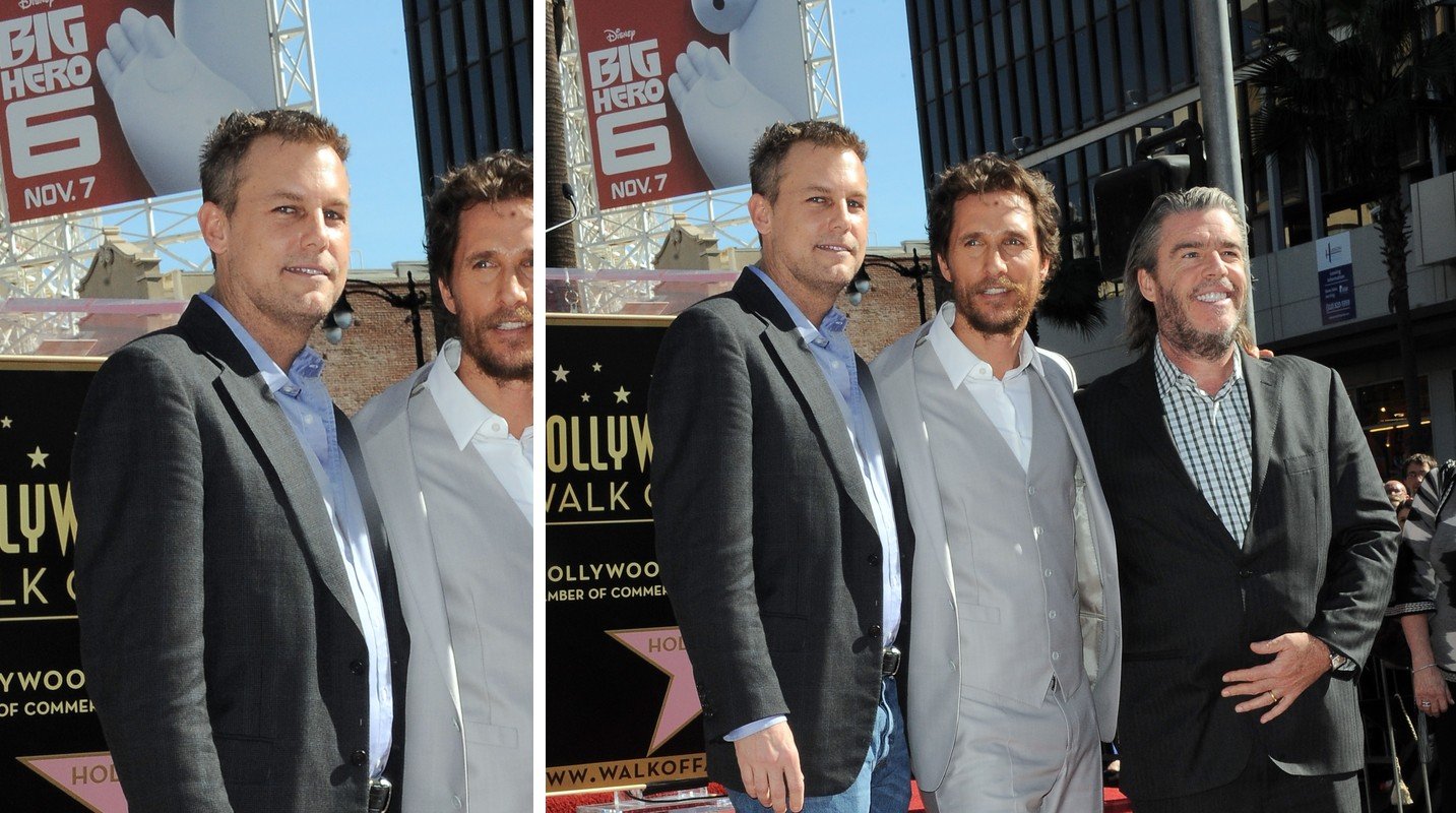 Pat McConaughey with brothers Matthew McConaughey and Rooster McConaughey at the Hollywood Walk of Fame ceremony in 2014.